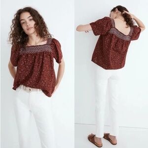 Madewell Square Neck Smocked Short Sleeve Blouse Dotted Vines Women’s
